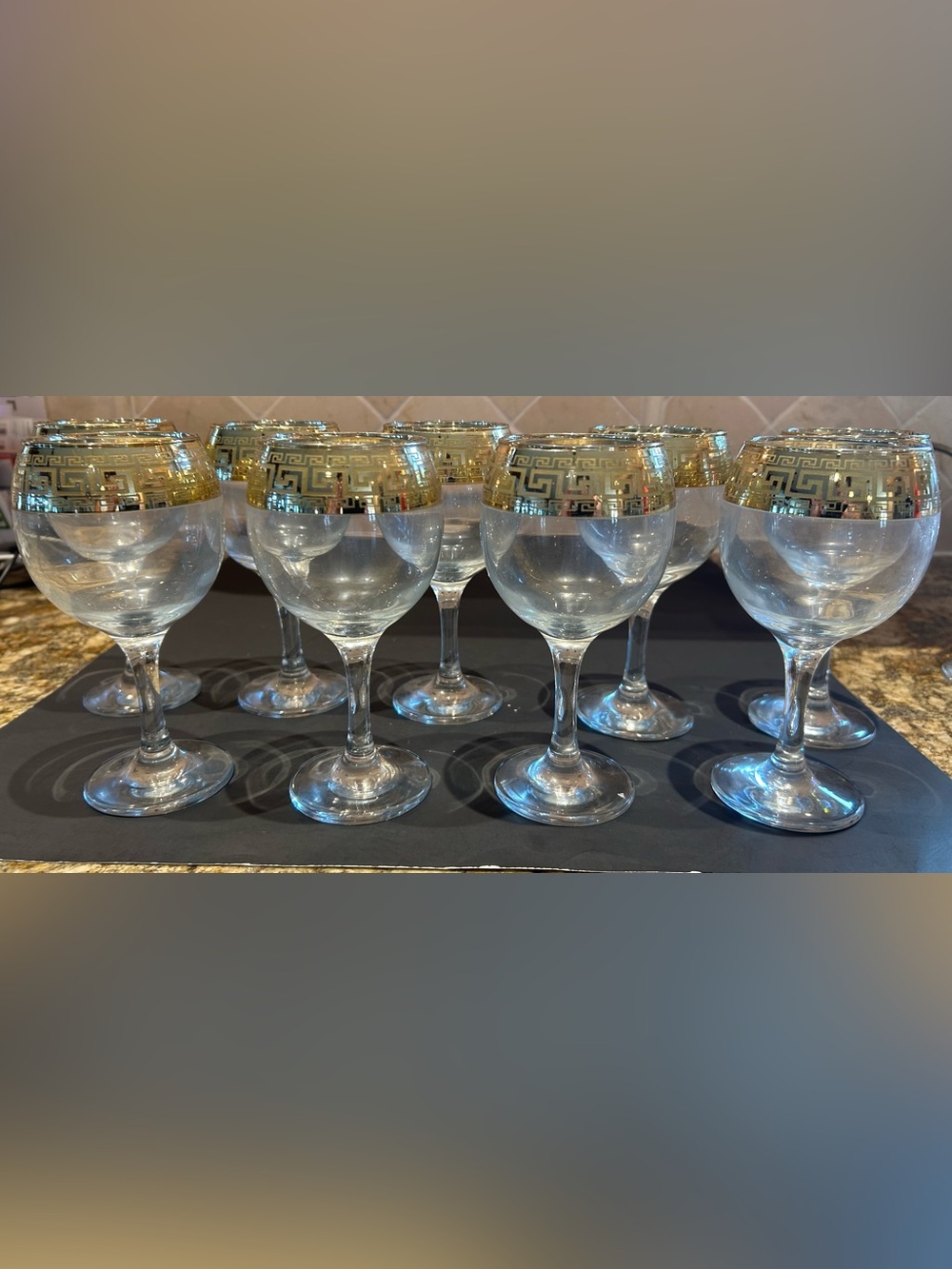 8 Vintage Gold Rimmed Greek Key Wine Goblets Glasses- Lead Free Glasses.